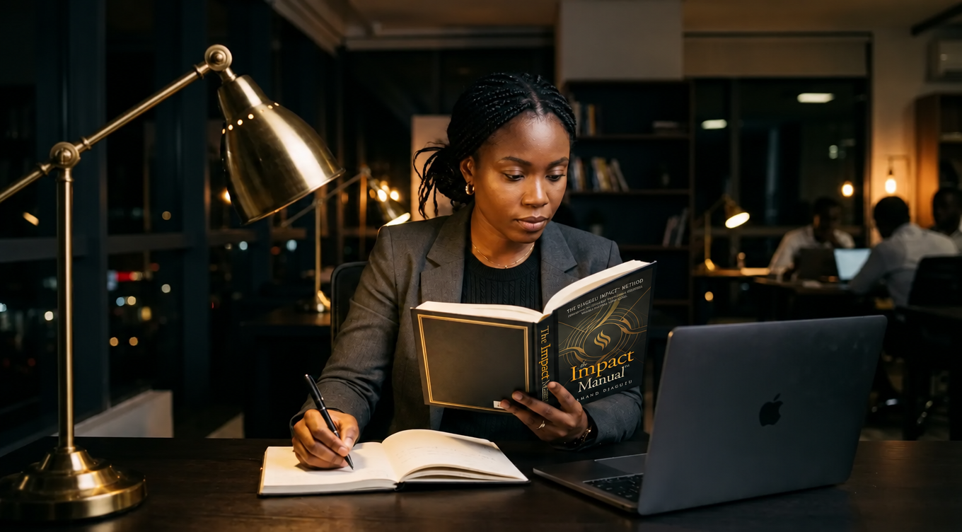 An entrepreneur reads The Impact Manual at her desk