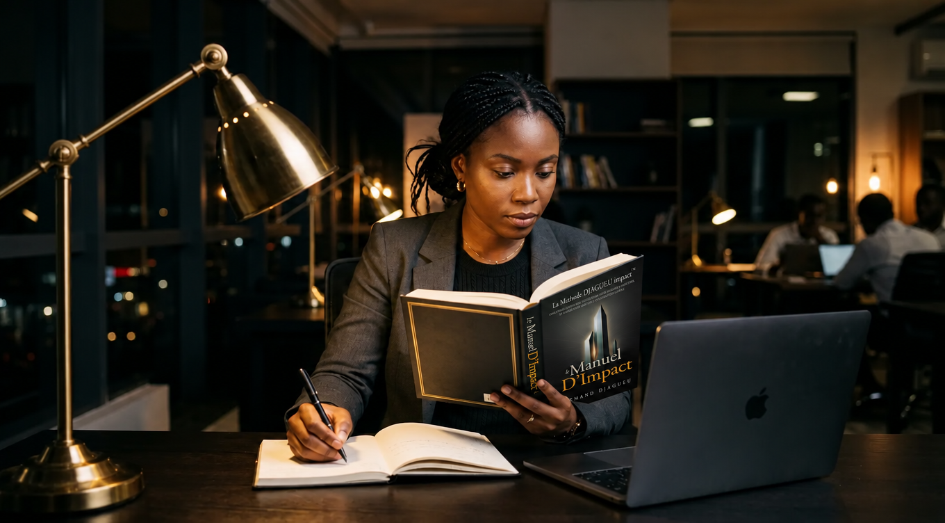 Une entrepreneure lit Le Manuel d'Impact à son bureau